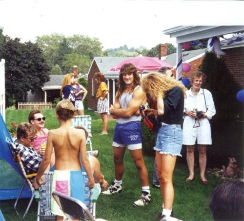 Ed Rahn talking with Rachel Shone (NA87), seated are Pat Lawless (NA87) and Rob Werner.  Taken circa 1994.